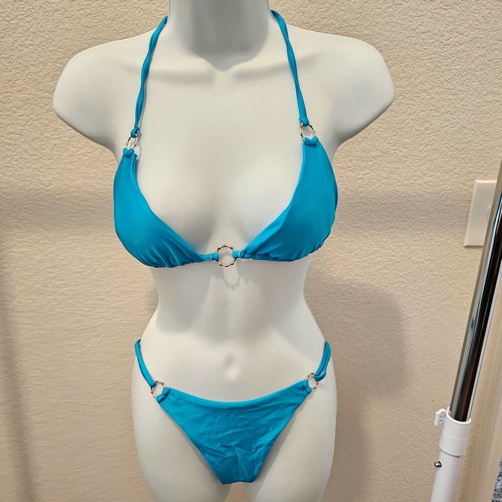 Women Blue Sz Large Bikini Set Sexy Thong w/ Halter Triangle Tops Cheeky Bikini
